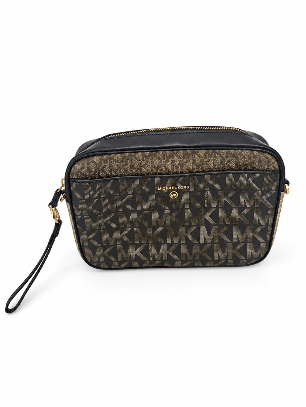 Michael Kors Black Gold MK Monogram Wristlet camera Bag No Crossbody Strap